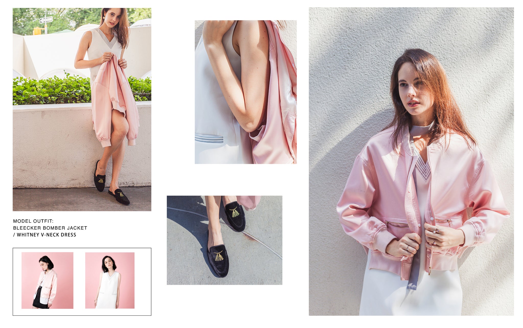 Model wearing Petite Studio's Pink Bleecker Bomber Jacket to pair with the Whitney V-neck Dress