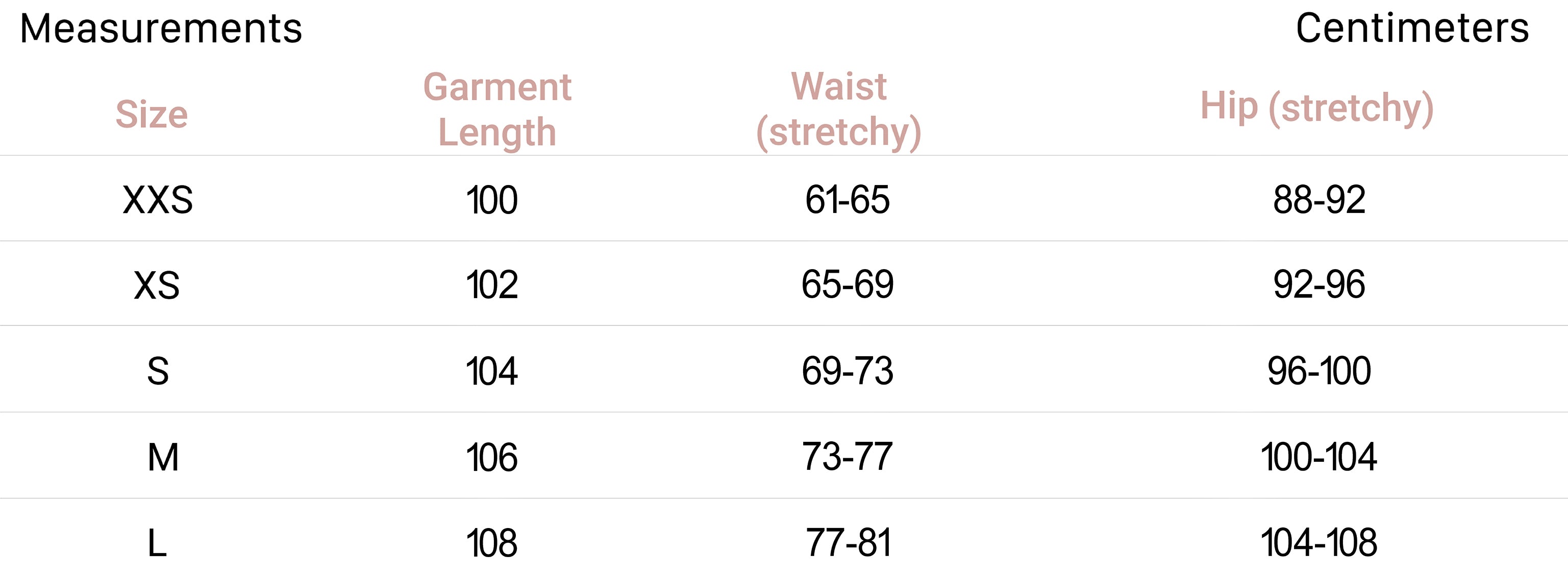 Measurements for Alanis Pants in Black