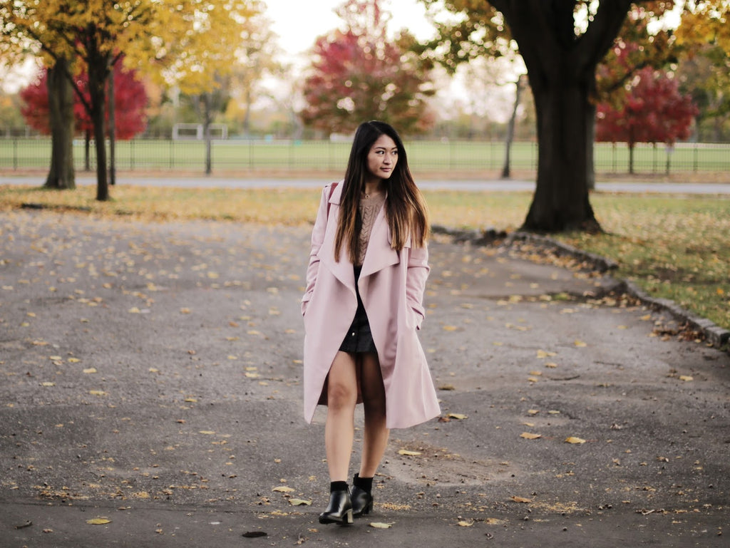 Keen Wearing Petite Studio's Perry Cherry Trench Coat