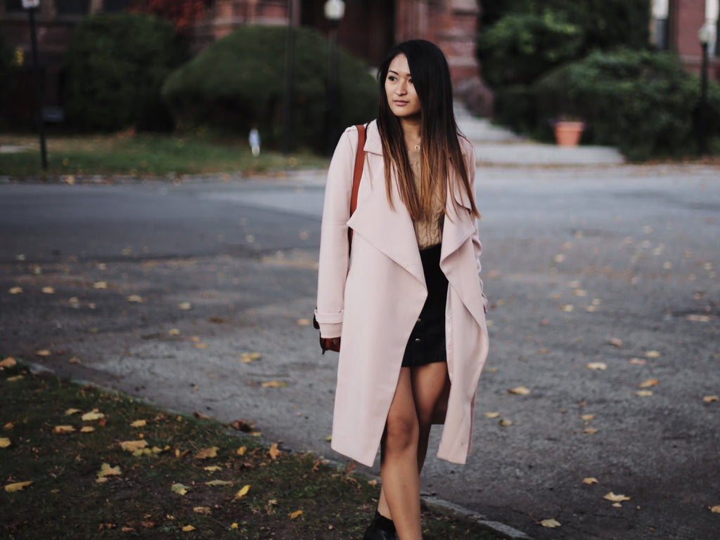 Keen Wearing Petite Studio's Perry Cherry Trench Coat