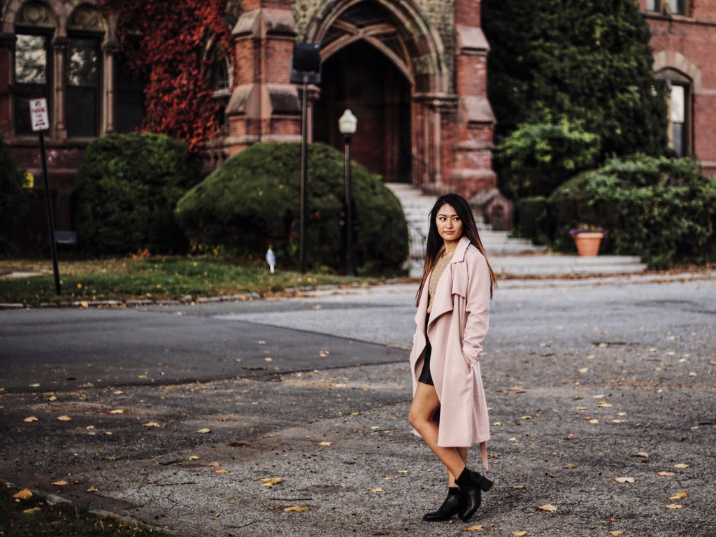 Keen Wearing Petite Studio's Perry Cherry Trench Coat - Lateral View