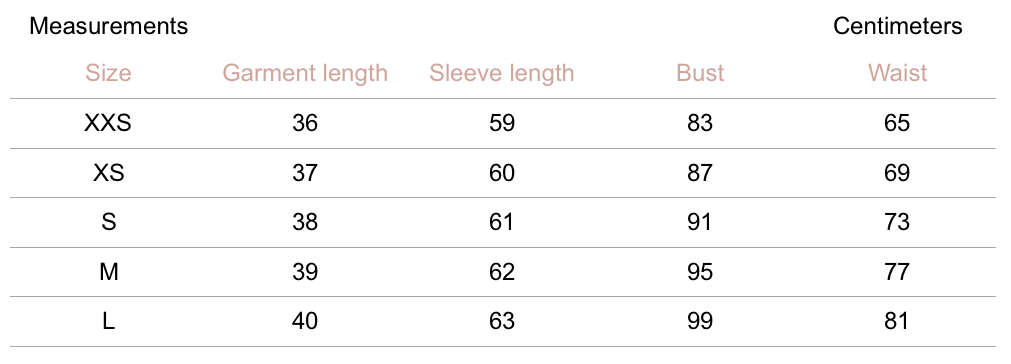 Viola Top - Ivory - Petite Studio NYC - Measurement Chart