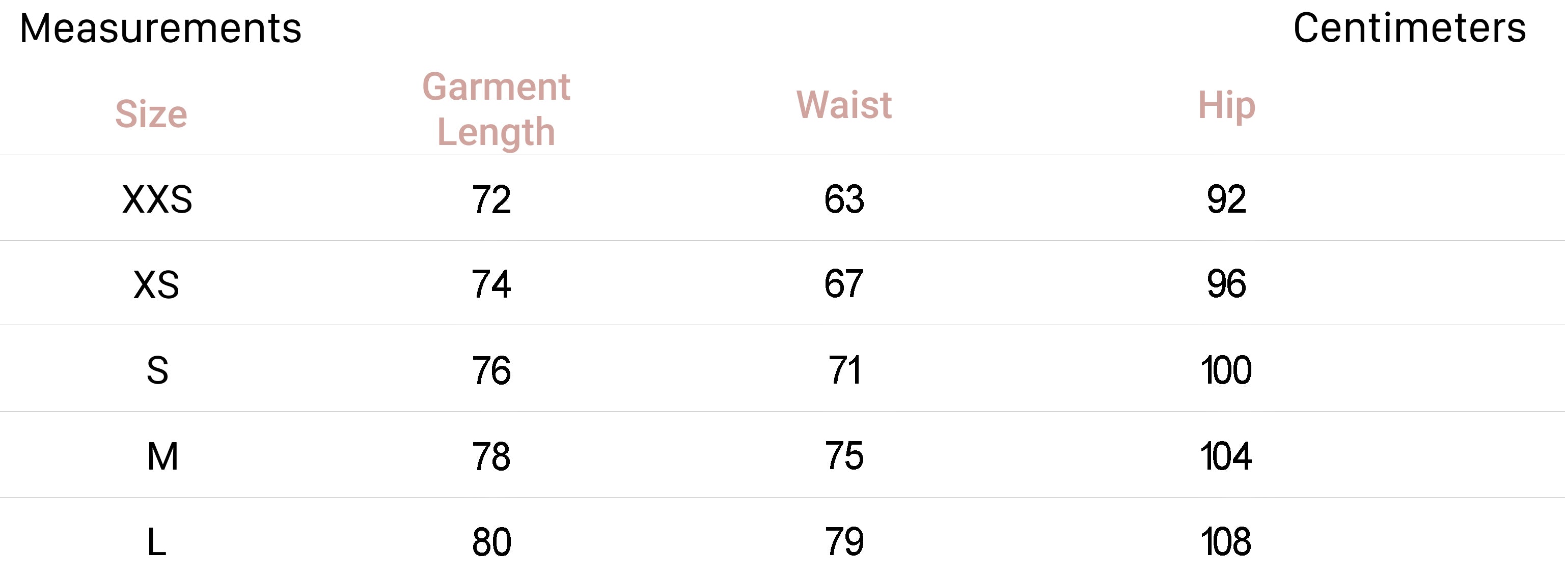 Measurements for Nola Skirt in Brush Print