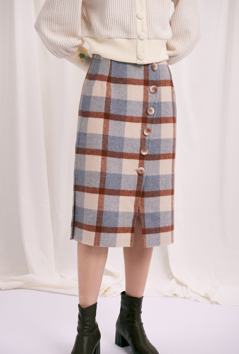 Rita Wool Skirt in Blue Plaid 