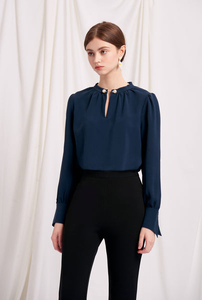 Petite Studio's Buvette Pearl Blouse in Navy - Women's Fashion