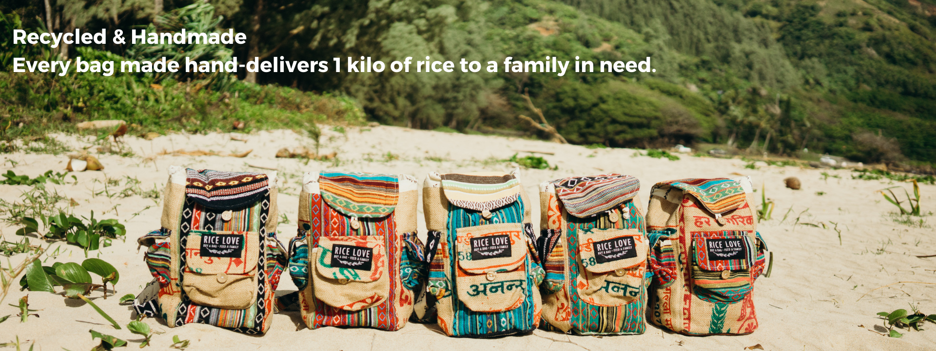 5 rice love backpacks on a beach 