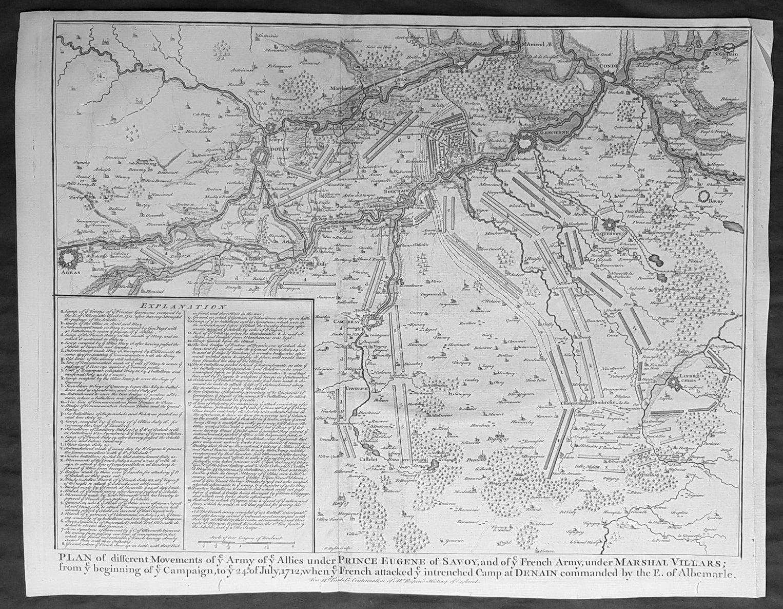 1745 Nicolas Tindal Original Antique Map Battle Plan Of Denain France Classical Images