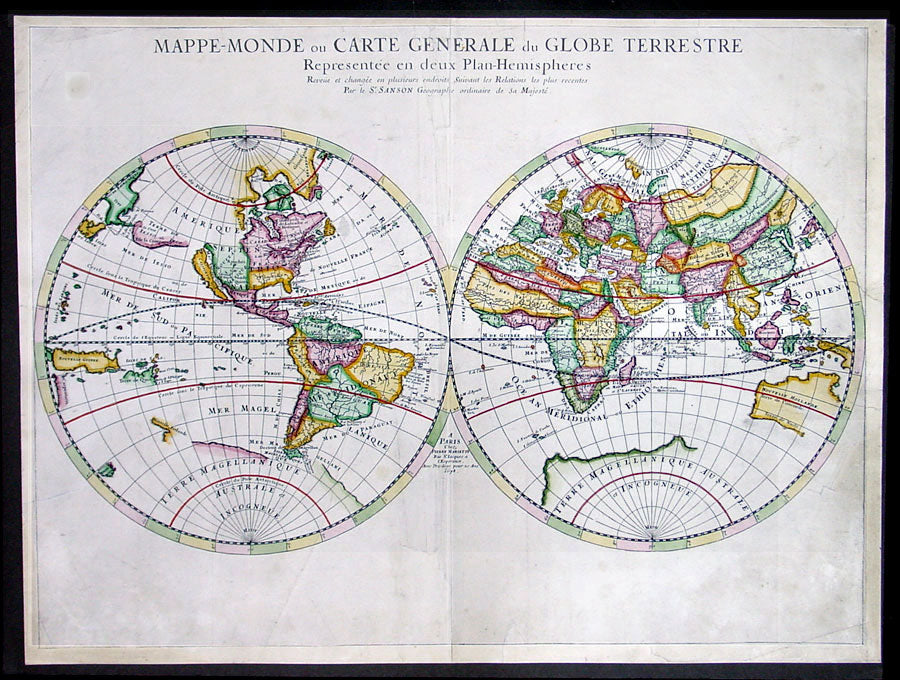 1678 Sanson Large Antique Twin Hemisphere World Map Classical Images