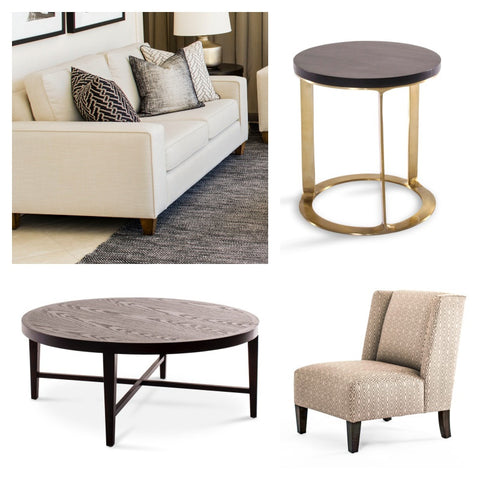 Moodpboard of Hamilton sofa, Ascot round coffee table, Katie chair and Brompton side table