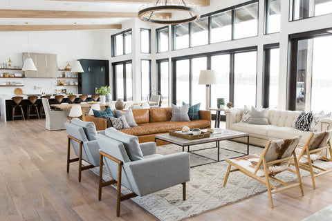 Living room and kitchen of renovated mountain home