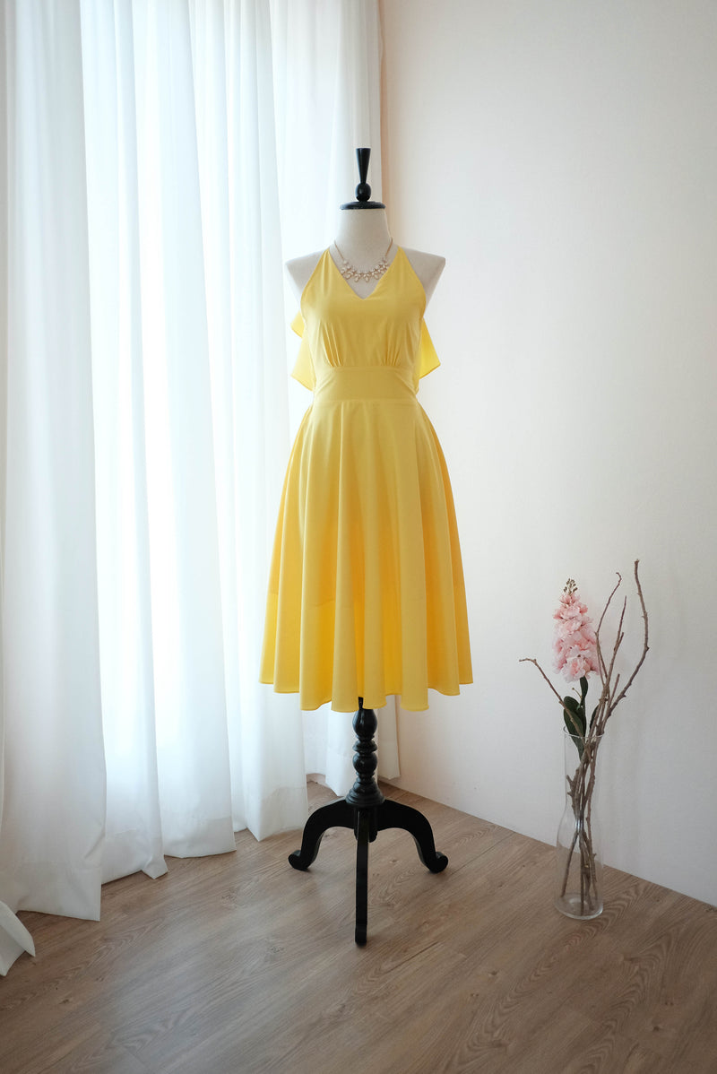 Lemon yellow Bridesmaid dress backless halter mid length party prom we ...