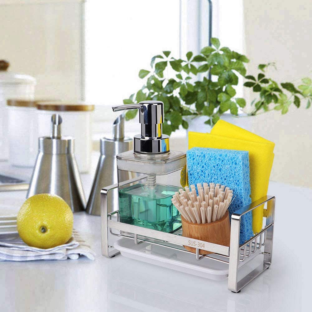 Consumest Sink Caddy, 5-in-1 Sponge Holder Kitchen Sink Caddy Organizer  with Removable Drain Tray for Countertop, 304 Stainless Steel Soap Sponge  and