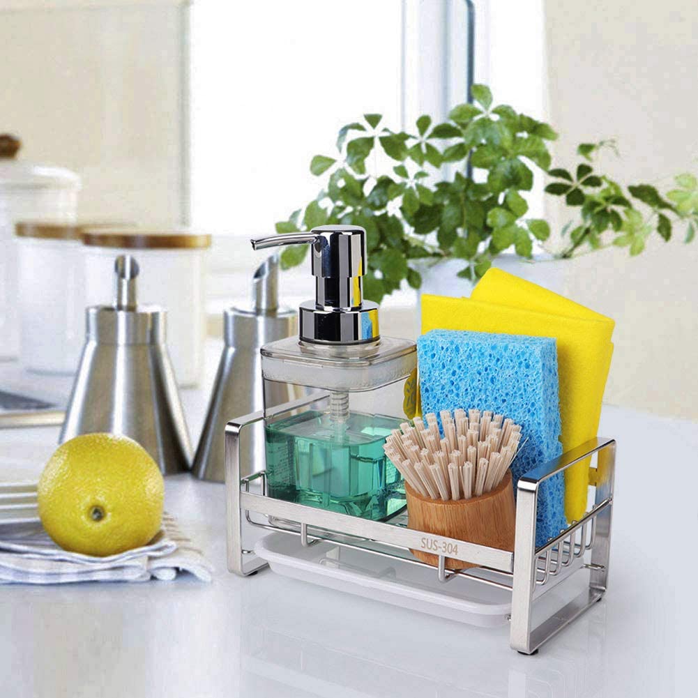 Consumest Kitchen Sponge Holder + Dish Brush Holder for Kitchen Sink, Sink  Organizer with Drip Tray for Countertop, Stainless Steel Rustproof