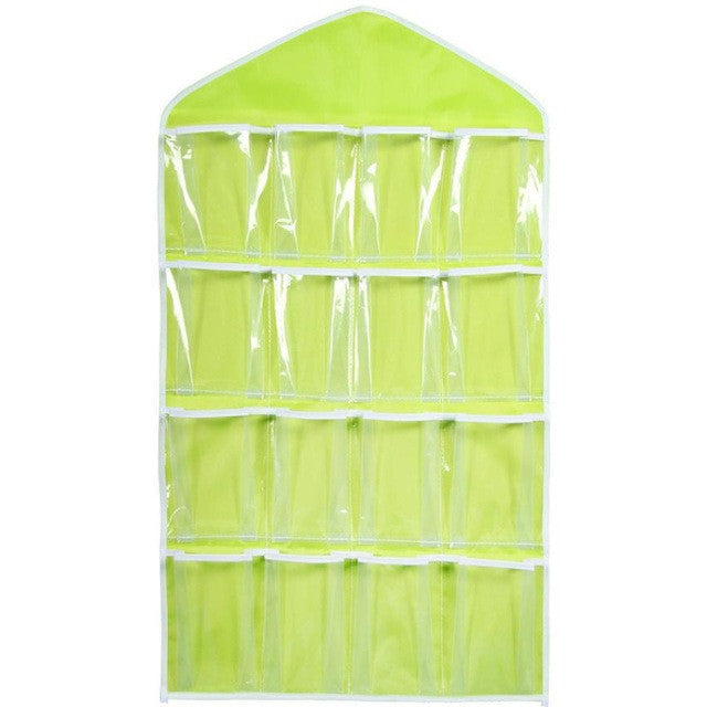 16 Pockets Clear Over Door Hanging Bag Shoe Rack Hanger Underwear Socks Bra  Closet Storage Tidy Organizer (Green)