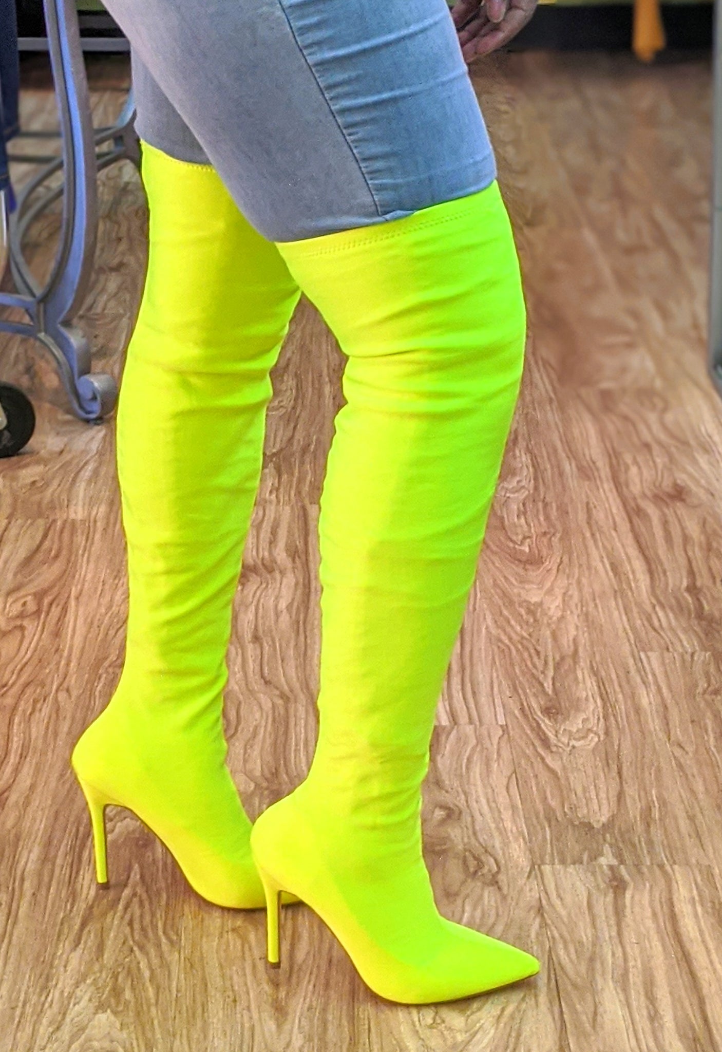 neon green thigh high boots