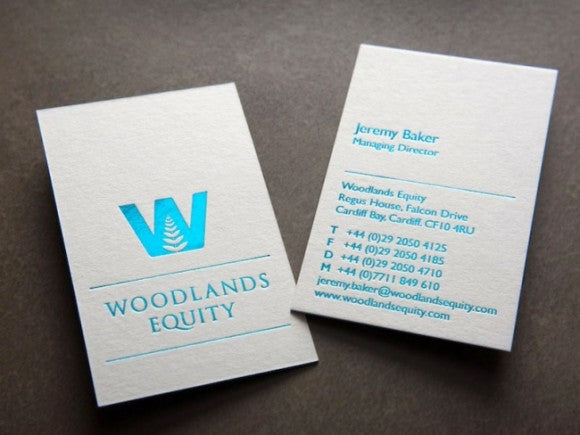 woodlands business cards with blue foil blocking