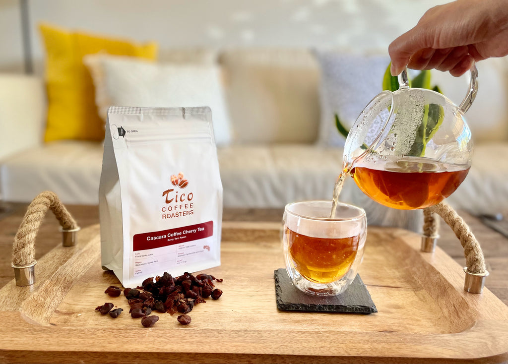 Pouring a cup of Tico Coffee Roasters Cascara Coffee Cherry Tea