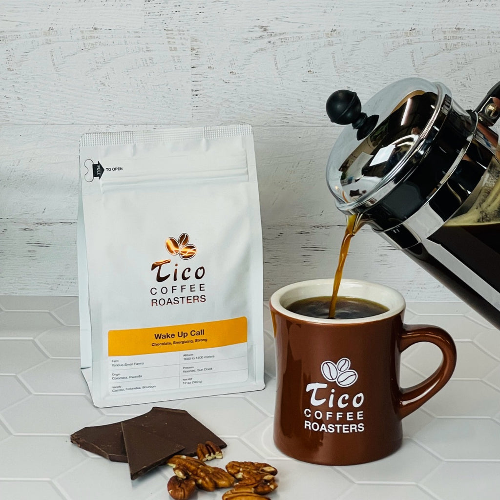 Serving a cup of Tico Coffee Roasters Wake Up Call Coffee