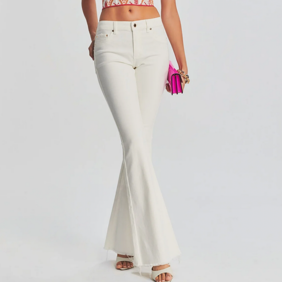 White High-Waisted Side Slit Flare Pants with Pockets – SKNZ