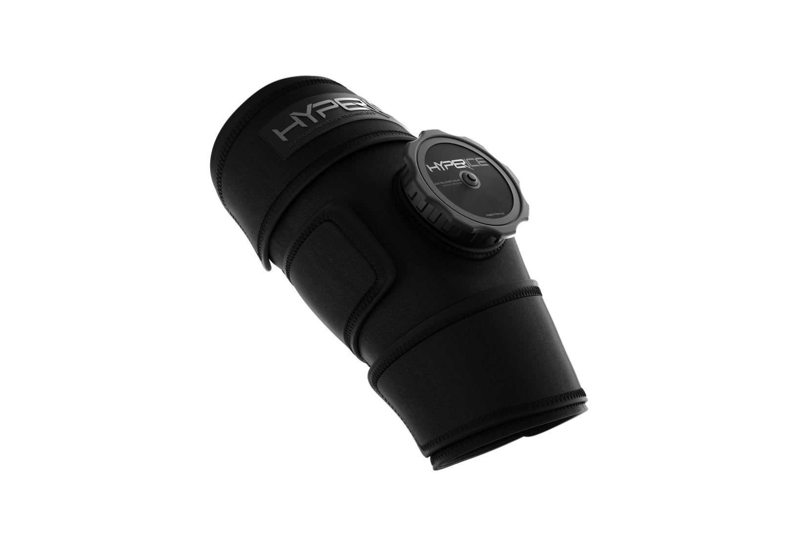 the Hyperice Knee is  black band with straps and a button on the front reading Hyperice