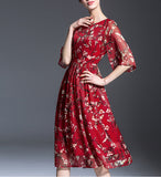 Red Print Floral Chiffon Midi Dress With 3/4 Sleeves
