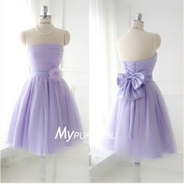 Lavender Strapless Knee Length Bridesmaid Dress With Pleated Bodice ...