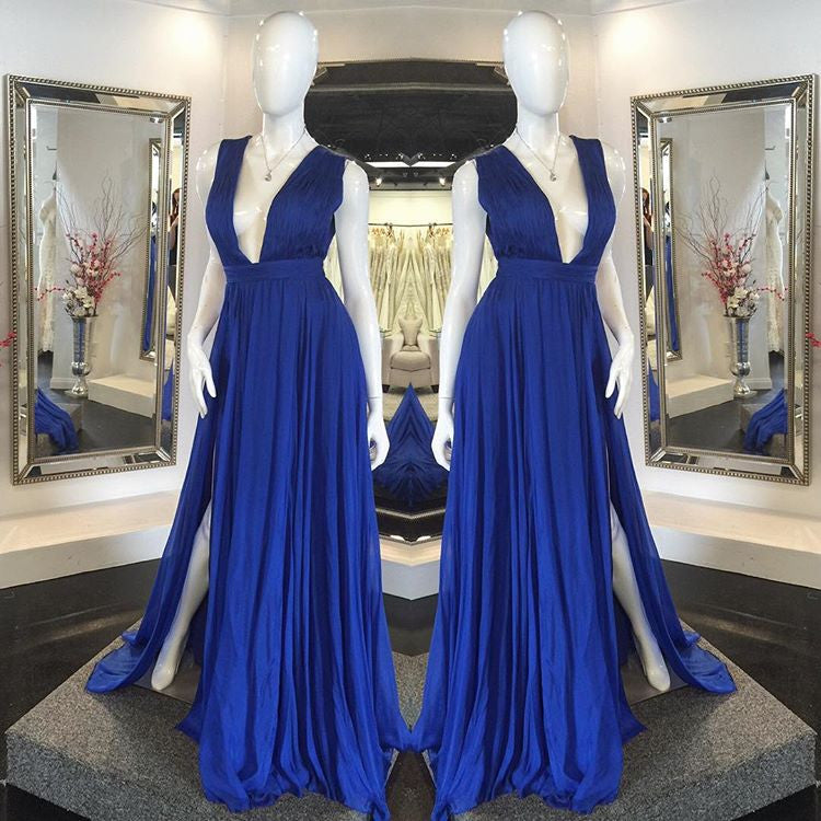 Royal Blue Deep V Neck Formal Gown Backless Chiffon Long Maxi