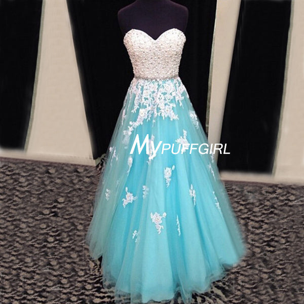 Sky Blue Sweetheart Tulle A Line Prom Gown With Beading And Pearls