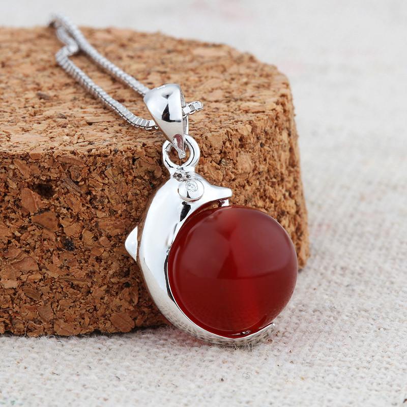 Sterling Silver Red Natural Stone Dolphin Pendant Necklace — Kirijewels.com