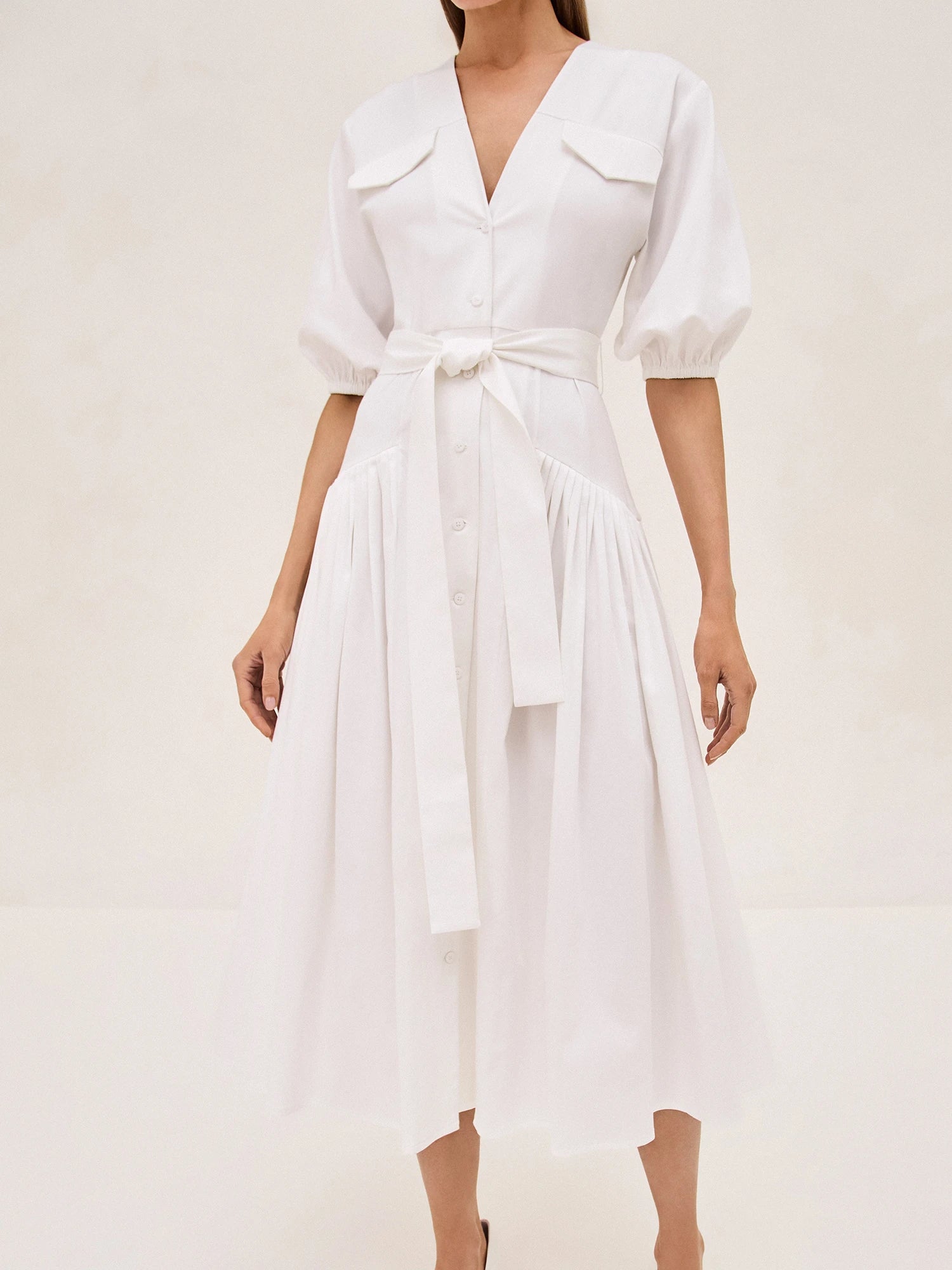 Alexis Oasis Tie-belt Elbow-sleeve Cotton Midi Dress In White