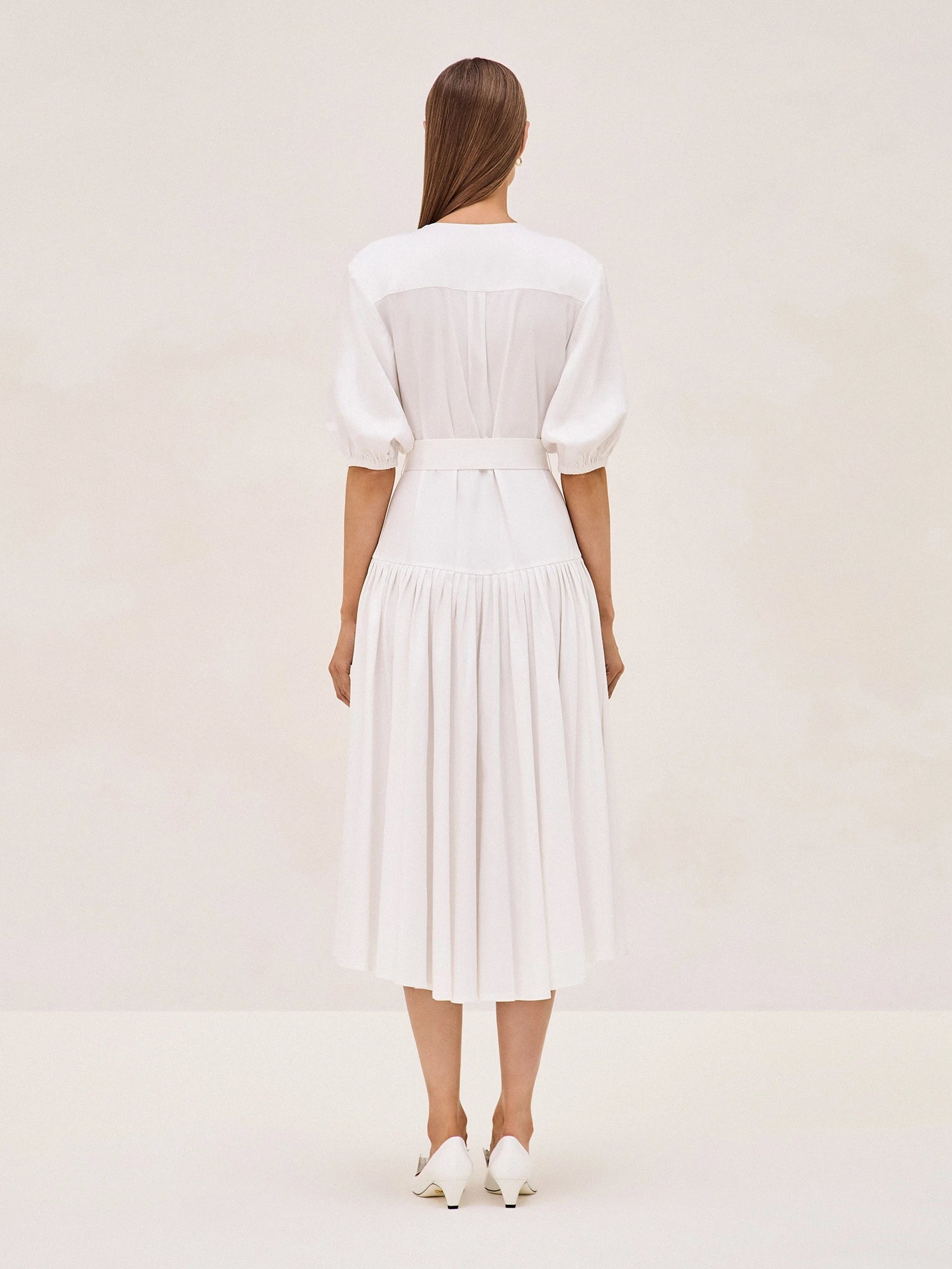 Alexis Oasis Tie-belt Elbow-sleeve Cotton Midi Dress In White
