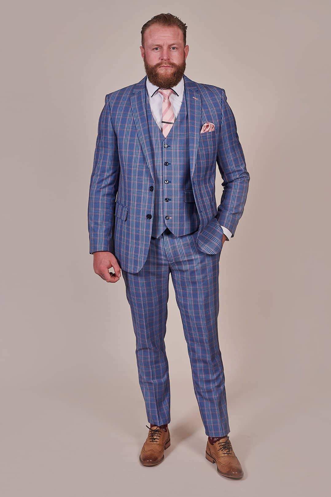 Master Debonair Light Blue With Peach Check 3 Piece Suit