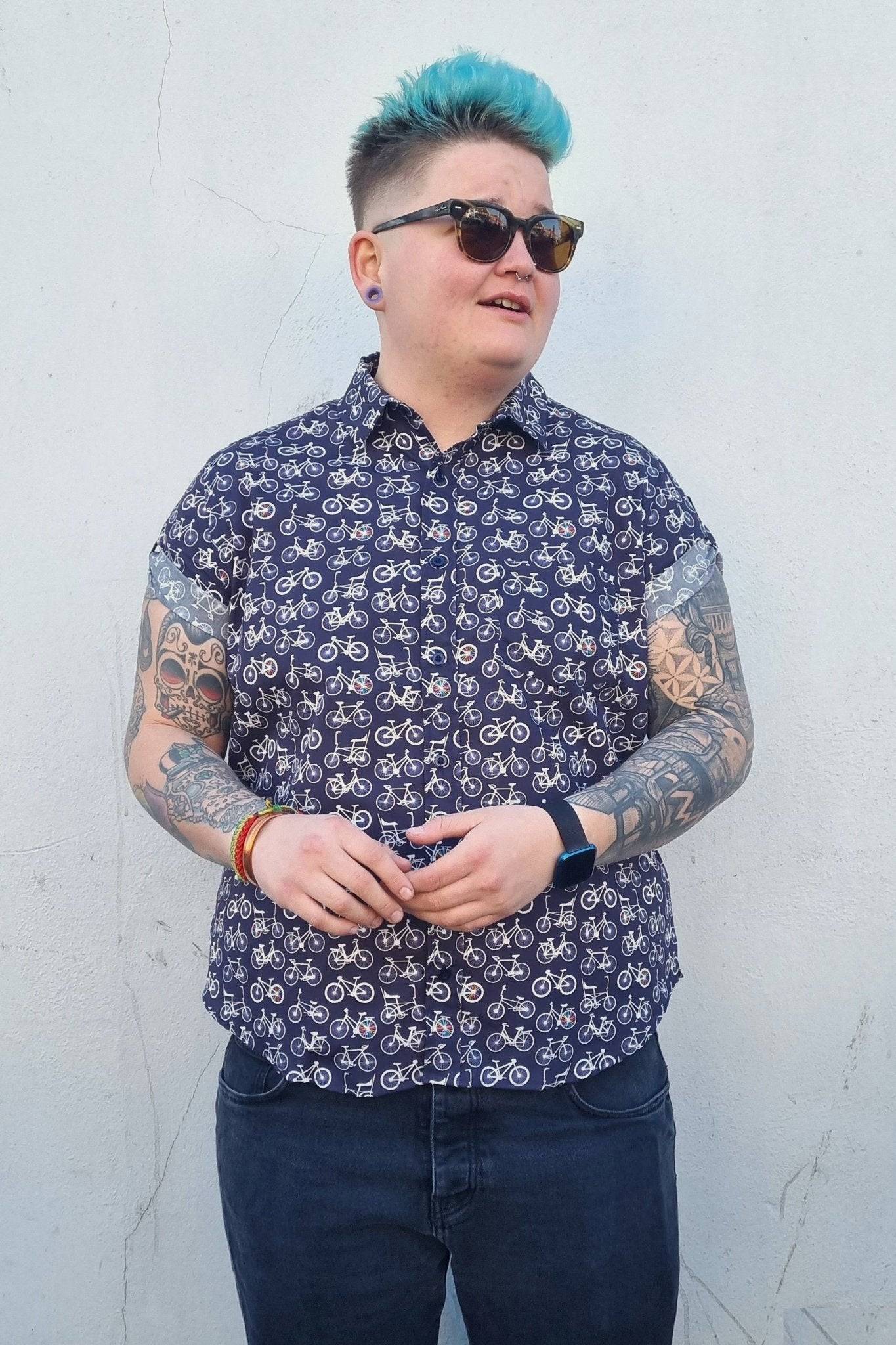 Bicycle Print Navy Short Sleeve Shirt, GFW Clothing