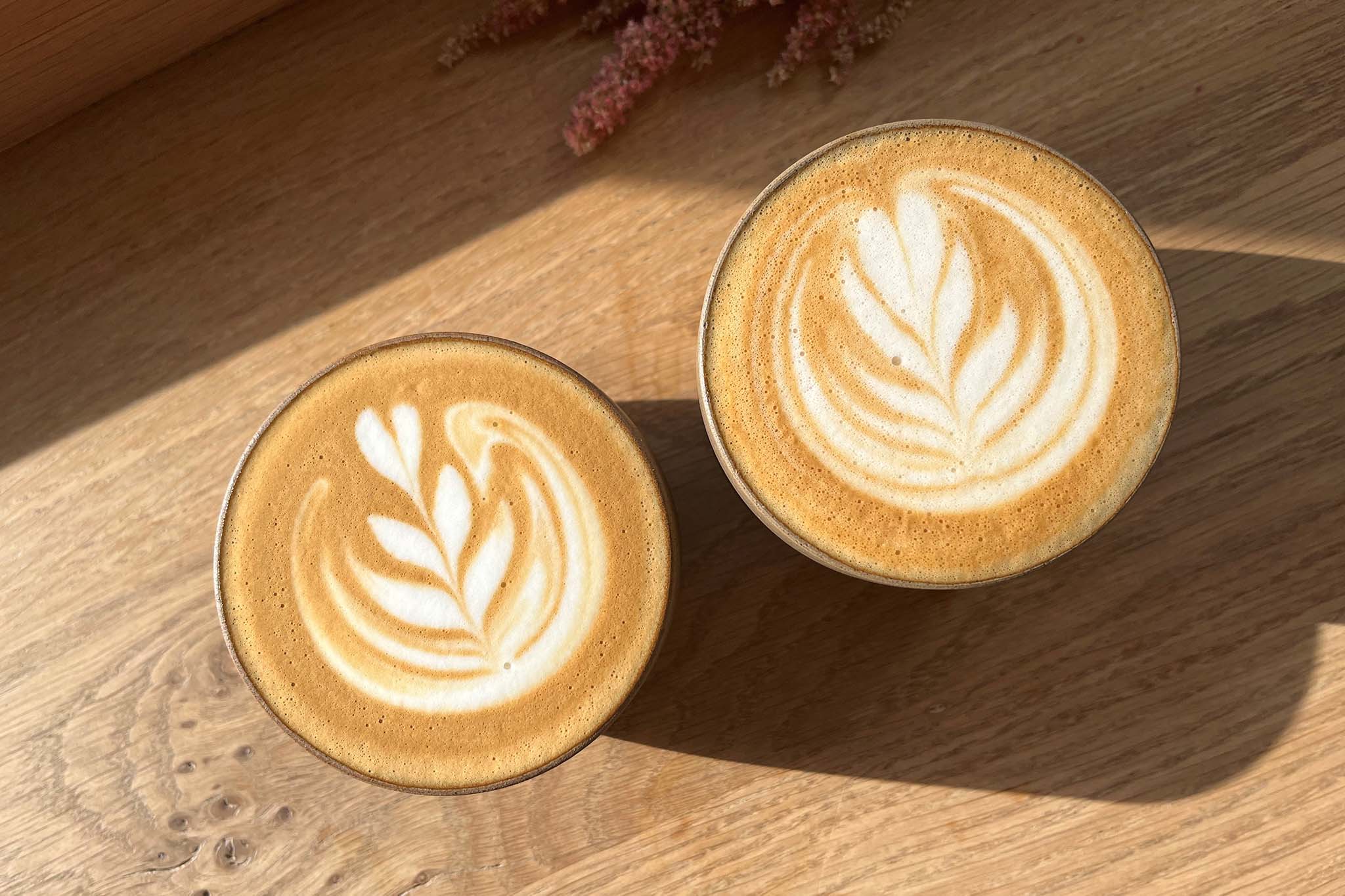 Oat milk and cow milk flat white next to each other on table