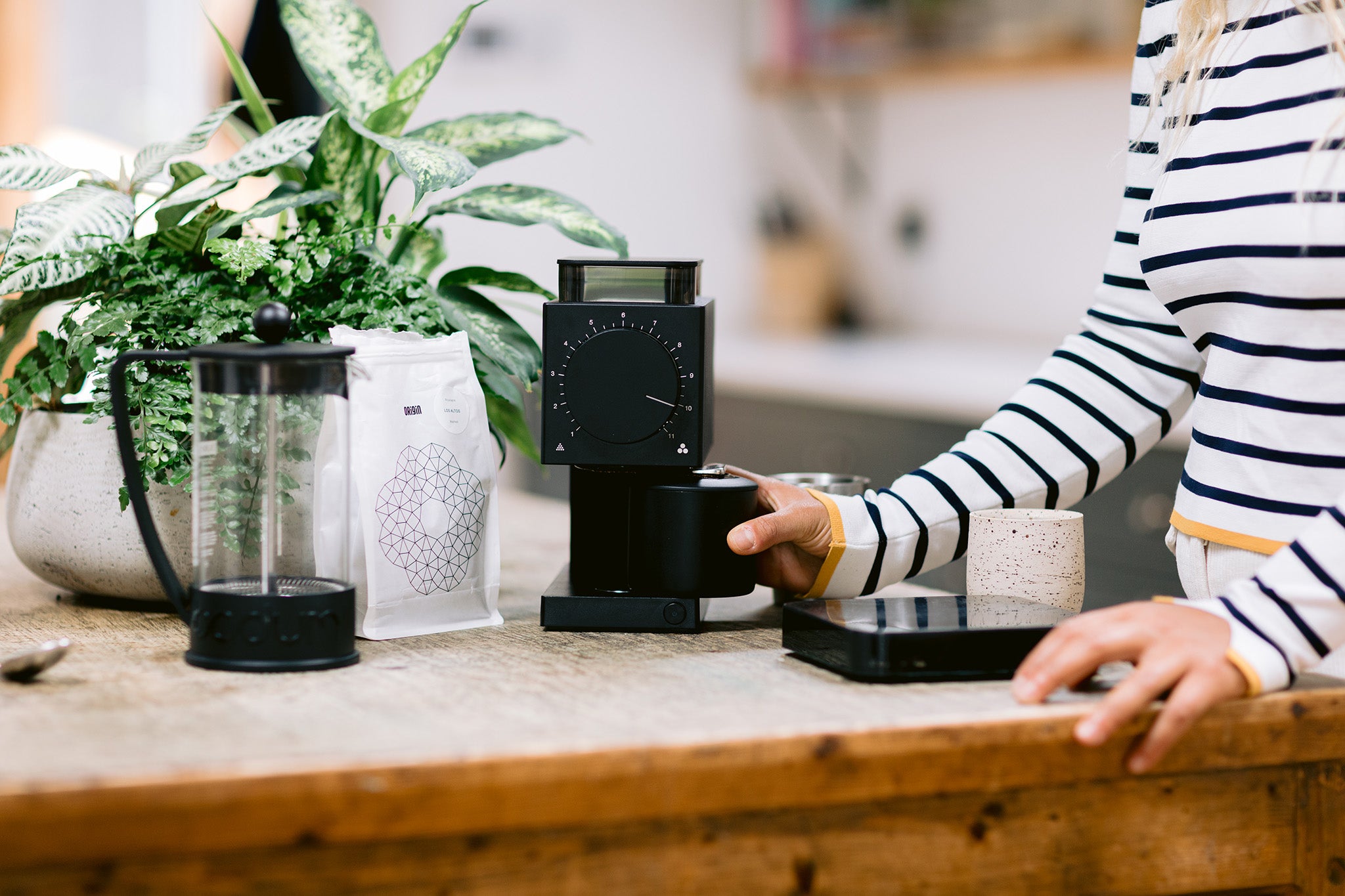 Selection of coffee brewing equipment, including coffee scales