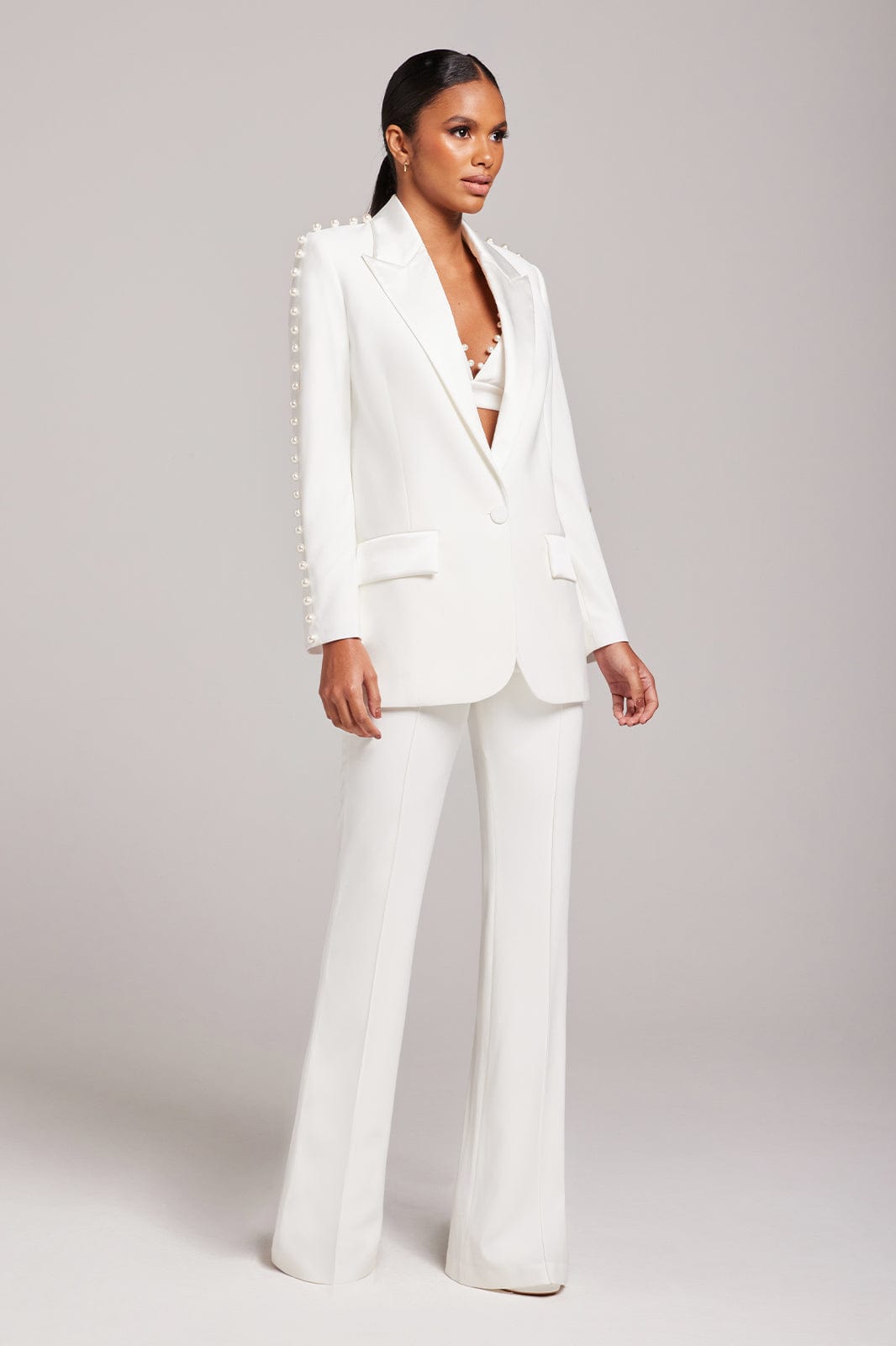 Bridal White Pearl Embellished Feather Trousers  PrettyLittleThing