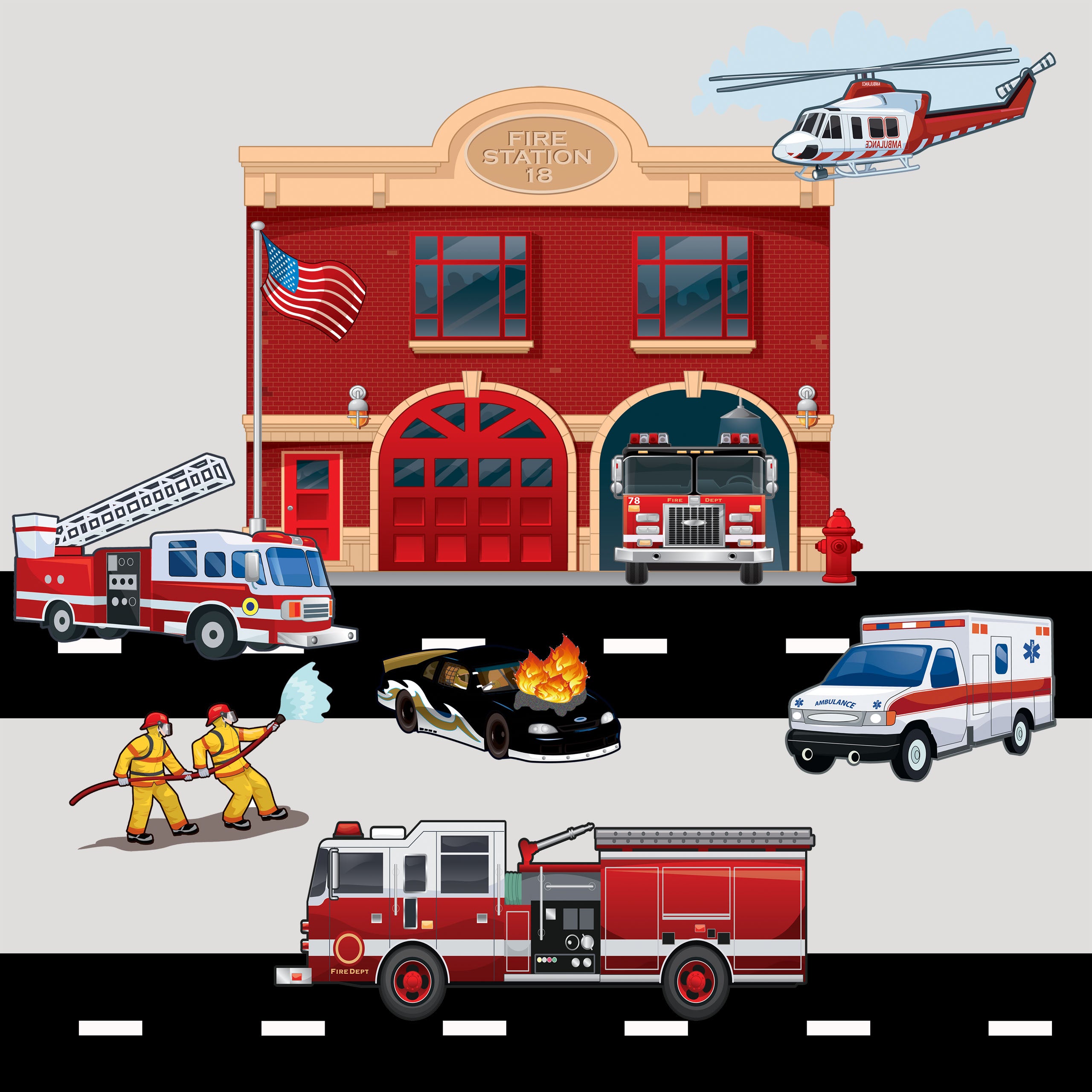  Fire  Station w Truck  Wall Decals 
