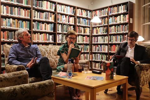 Bianca Bellová and Alex Zucker discussing The Lake with Ian Willoughby at the Prague launch. 