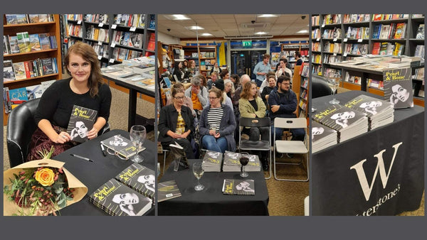 A selection of photos from the pre-launch for Mari Ellis Dunning's poetry collection. (From left to right) Mari sit on her signing table with copies of her collection Pearl & Bone, there are a big bunch of flowers next to her. In the second photo it shows the audience for the poetry launch surrounded by books. The third photograph shows the stacks of books set up on the Waterstones table.