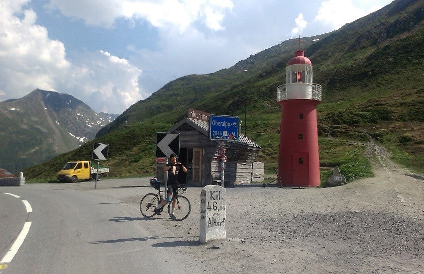 An exhausted Billy atop the Oberalppass.