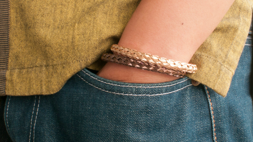 bronze and rose gold woven mesh bracelet