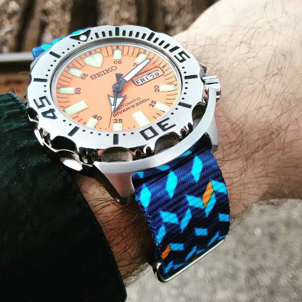 seiko orange monster witth ocean chevron strap