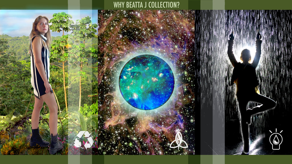 3 methods of Beatta J Collection represented by images of green, tropical forest for sustainability, space and earth for energized mists, and image of a person in yoga pose 'tree' in the rain for energy sufficiency