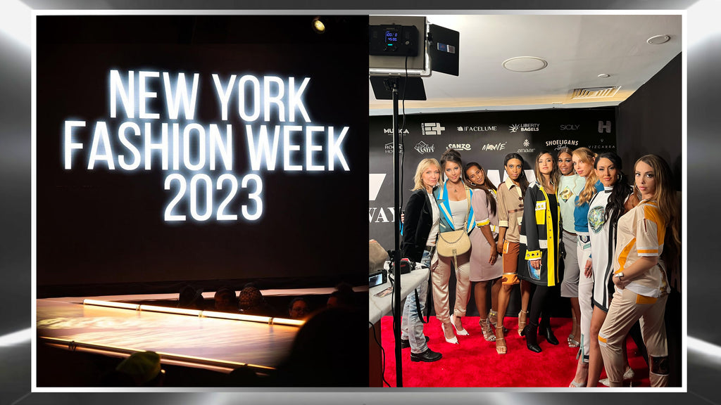 New York Fashion Week 2023 sign displayed with a dime light before the show and the designer Beata with her models on the redcarpet after the runway show