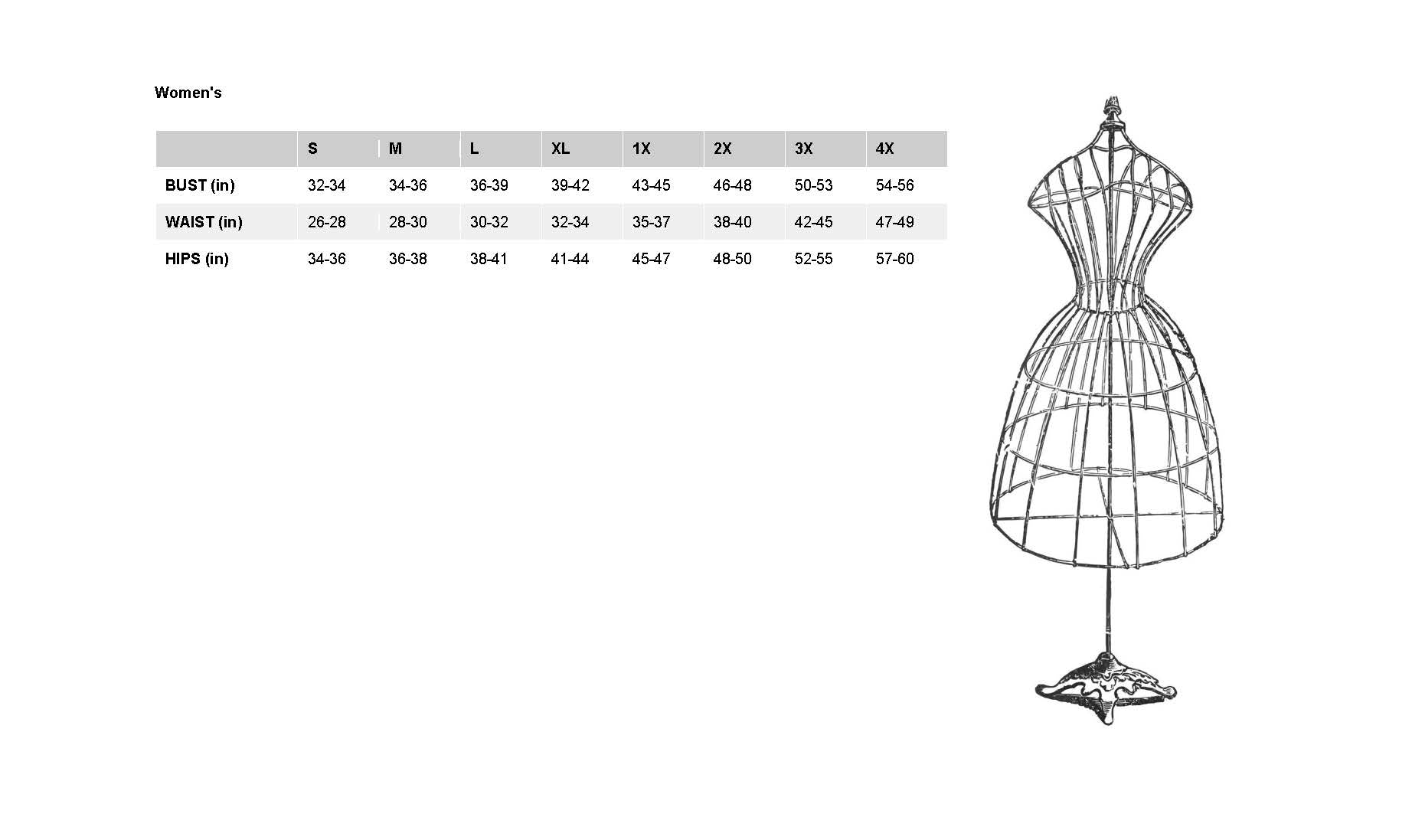 1x Dress Size Chart