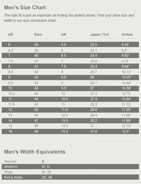 Men's Shoe Size Chart