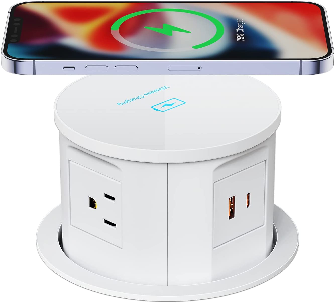 Automatic Pop up Outlet for Countertop with 15W Wireless Charger, 4 Hole  Hidden Recessed Pop Up Socket,PD 20W USB C,2 TR AC Plug,2 USB A Desk