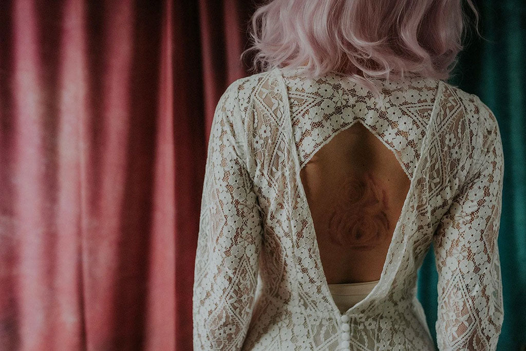 Wonderfully intricate vintage lace wedding dress close-up