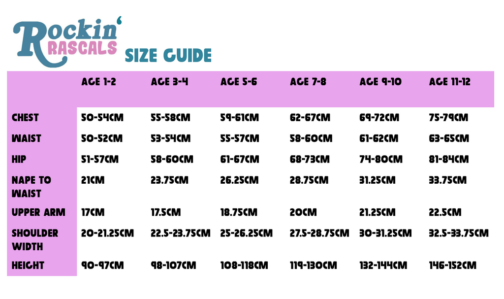 Rockin Rascals Size Guide