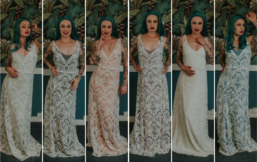 Examples of how different coloured slip dresses can change the look of your wedding dress